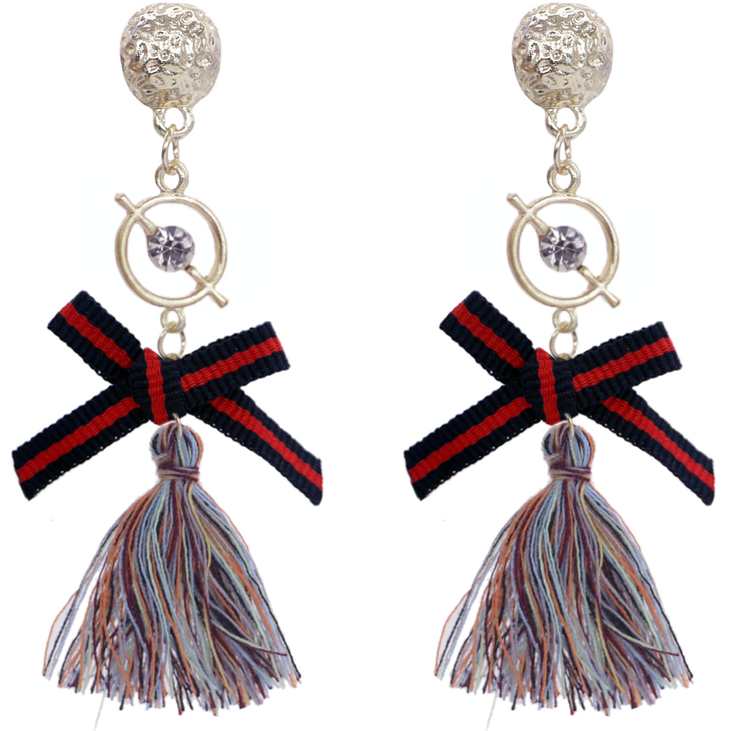 Brown Multicolor Ribbon Bow Tassel Dangle Earrings