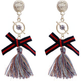 Brown Multicolor Ribbon Bow Tassel Dangle Earrings