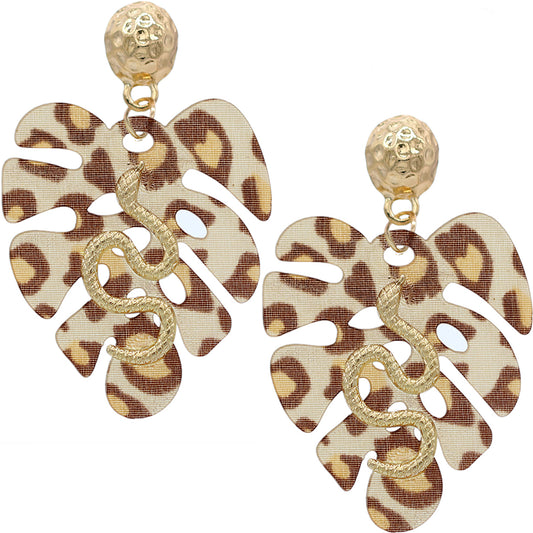 Brown Leaf Shaped Snake Earrings