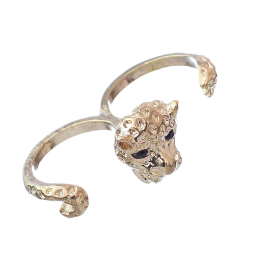 Gold Cheetah Face Double Cuff Finger Ring