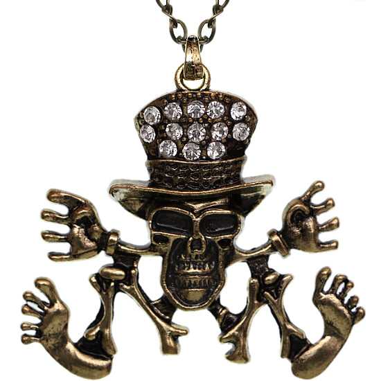 Gold Clear Rhinestone Skeleton Charm Necklace
