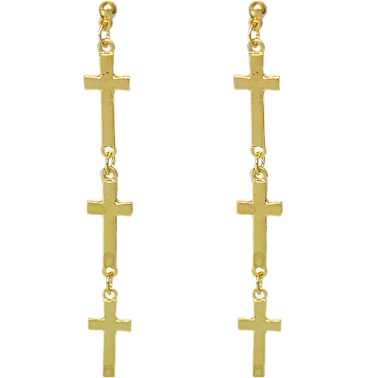 Gold triple cross post earrings