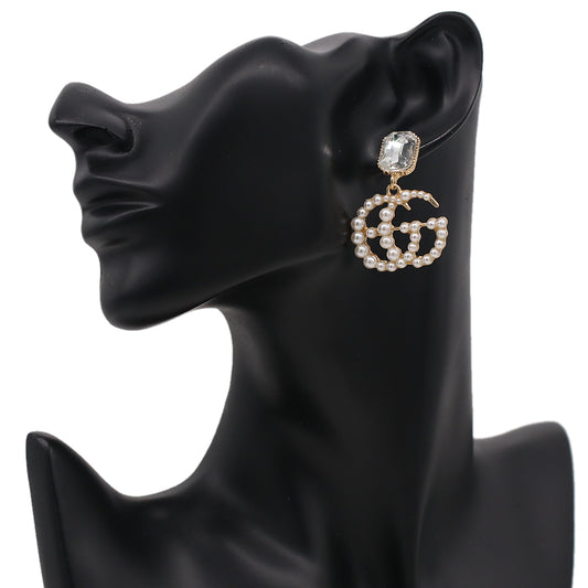 Gold Double G Faux Pearl Gemstone Earrings