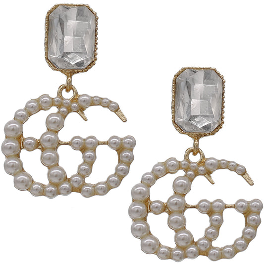Gold Double G Faux Pearl Gemstone Earrings