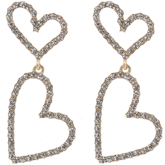 Gold Double Heart Rhinestone Dangle Earrings