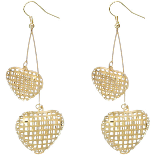 Gold Long Double Heart Drop Earrings