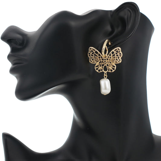Gold Butterfly Faux Pearl Dangle Earrings