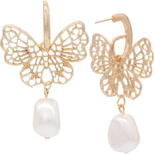 Gold Butterfly Faux Pearl Dangle Earrings