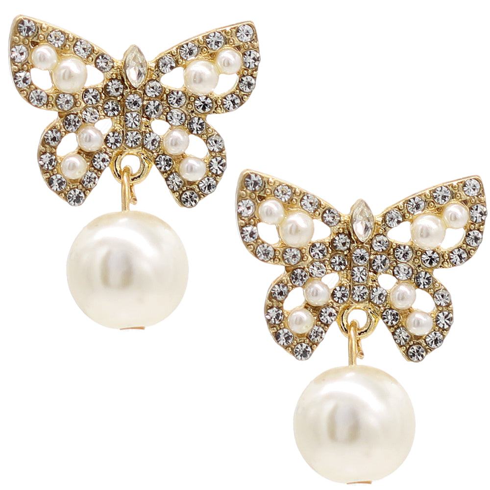 Gold Butterfly Faux Pearl Elegant Earrings