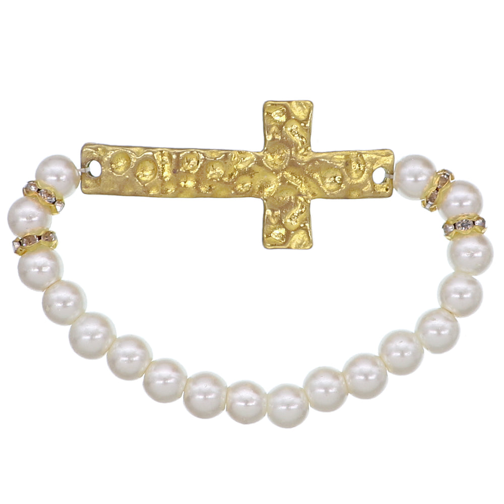 Gold Faux Pearl Cross Stretch Bracelet