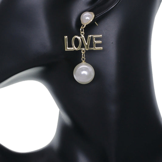 Gold Faux Pearl Love Dangle Earrings