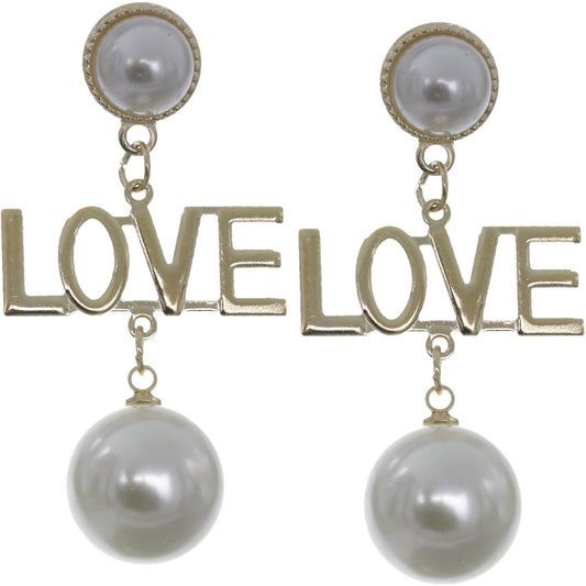 Gold Faux Pearl Love Dangle Earrings