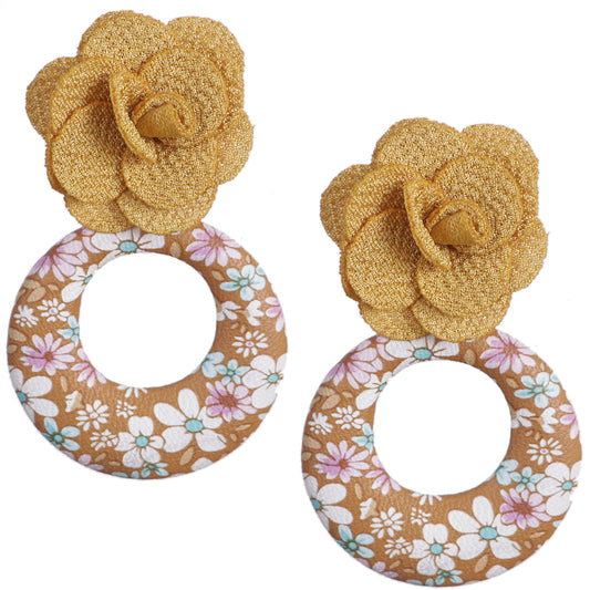 Gold Flower Open Circle Earrings