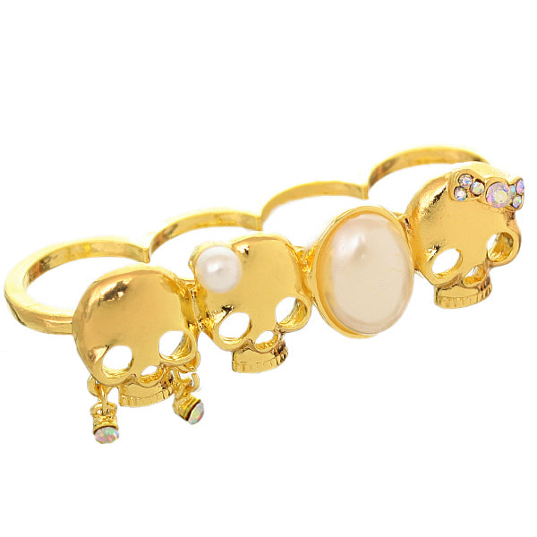 Gold Faux Pearl Four Finger Skull Knuckle Ring