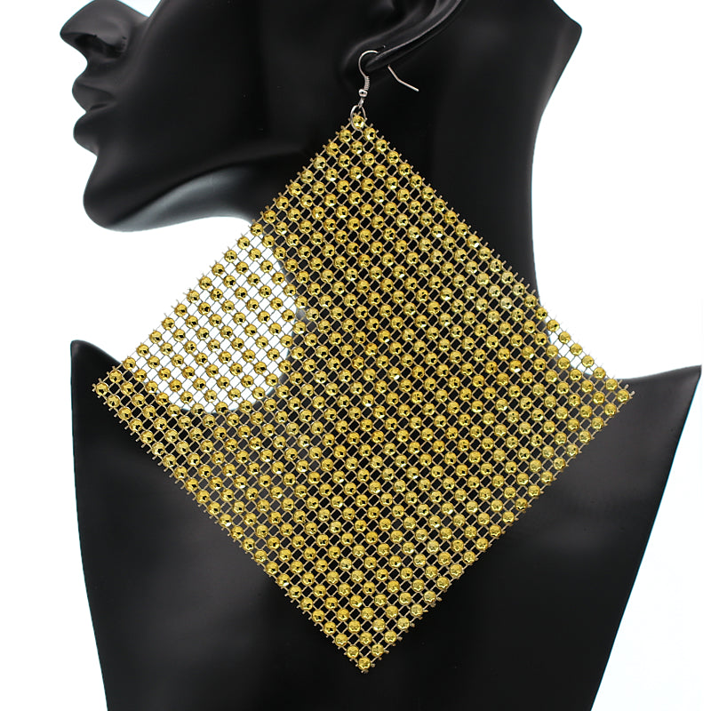 Gold Enormous Mesh Rhinestone Drop Earrings