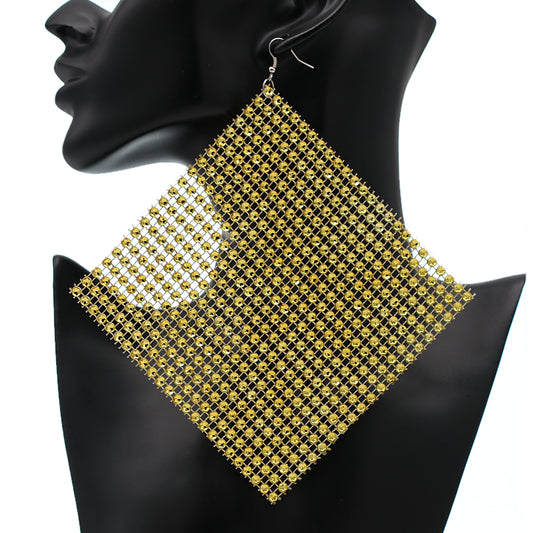 Gold Enormous Mesh Rhinestone Drop Earrings