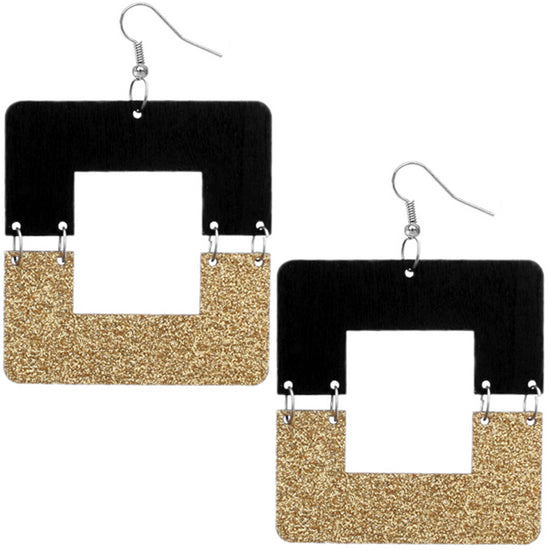 Gold Black Square Wooden Glitter Link Earrings