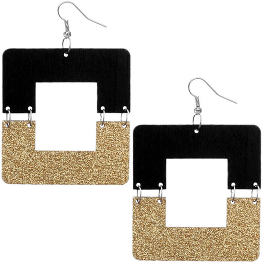 Gold Black Square Wooden Glitter Link Earrings