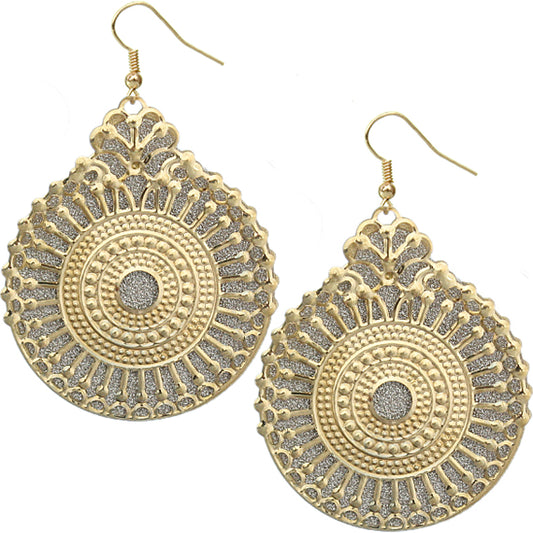 Gold Glitter Open Scrollwork Dangle Earrings