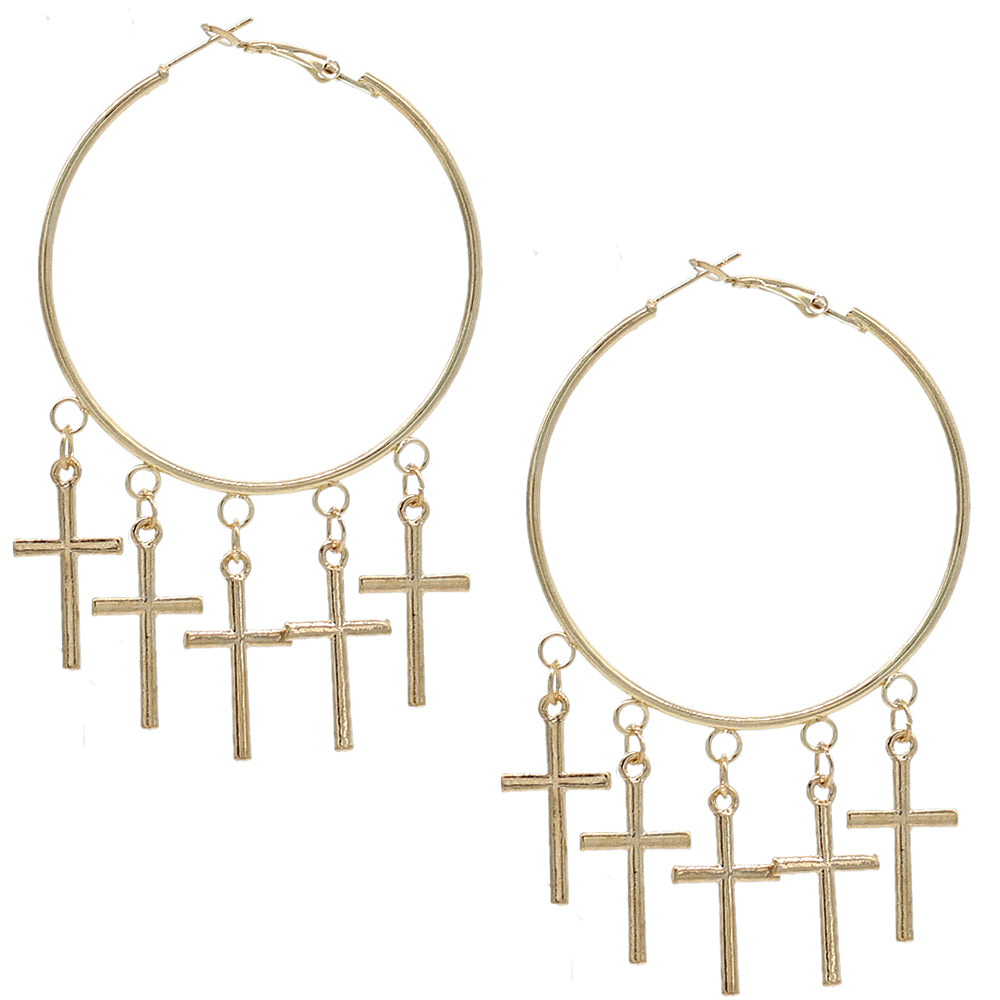 Gold Cross Round Hoop Earrings