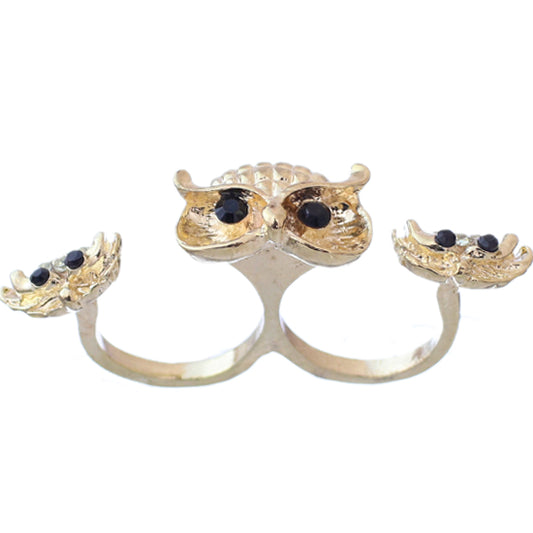 Gold Hoot Owl Double Cuff Finger Ring