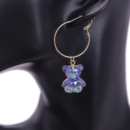 Gold Clear Iridescent Bear Mini Hoop Earrings