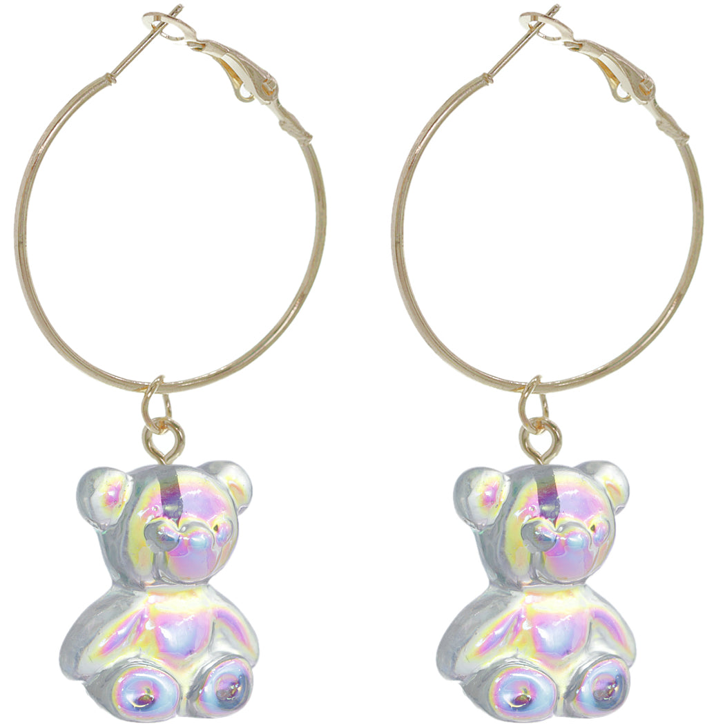 Gold Clear Iridescent Bear Mini Hoop Earrings