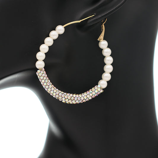 Gold Iridescent Crystal Faux Pearl Mini Hoop Earrings
