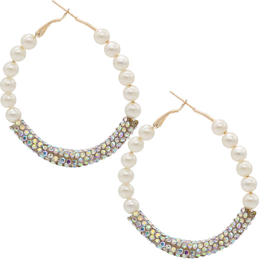 Gold Iridescent Crystal Faux Pearl Mini Hoop Earrings