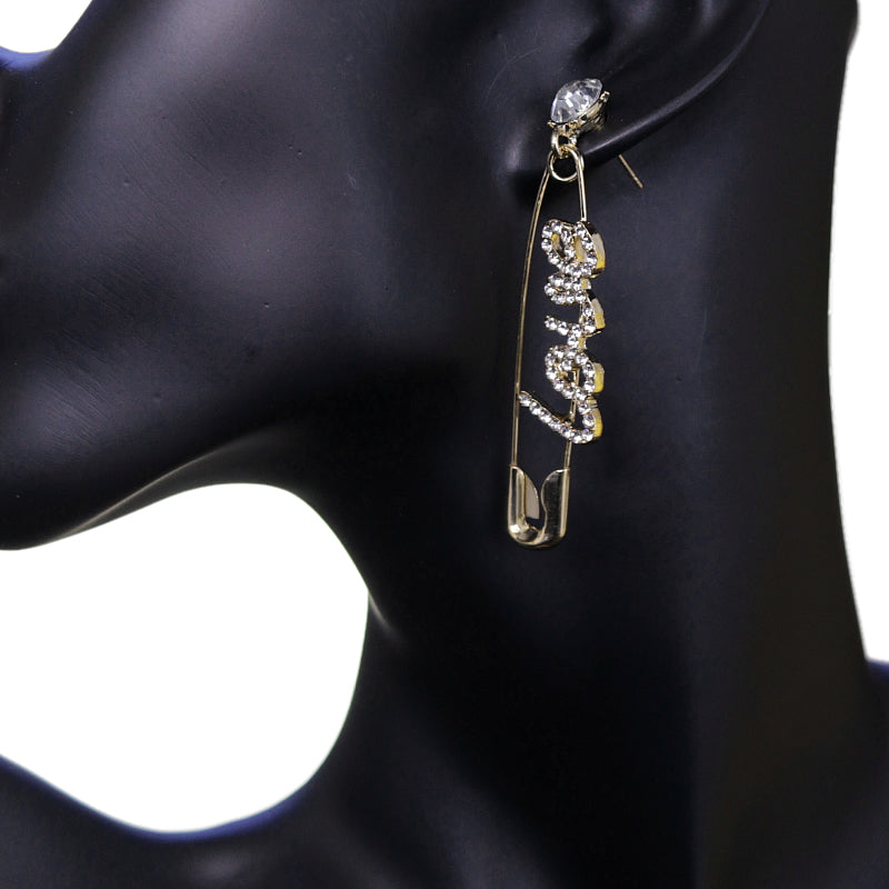 Gold Large Love Safety Pin Earrings