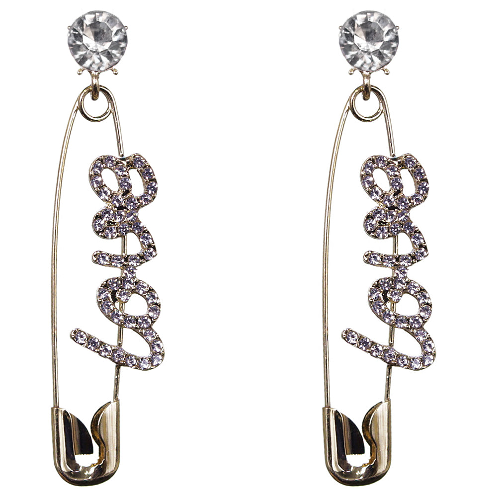 Gold Large Love Safety Pin Earrings