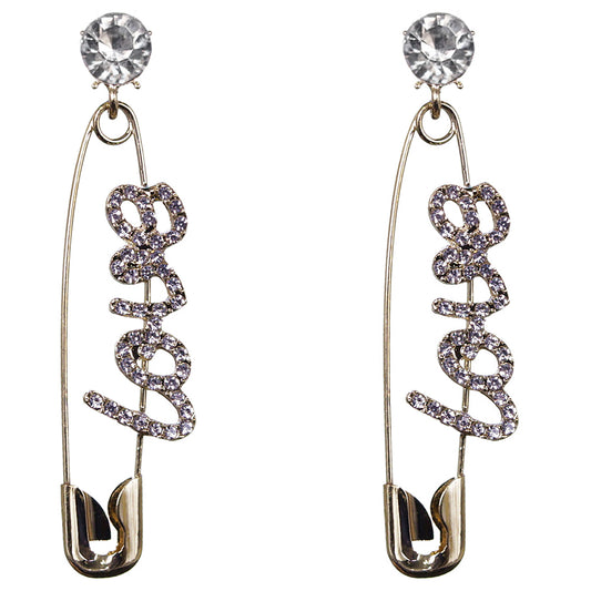 Gold Large Love Safety Pin Earrings