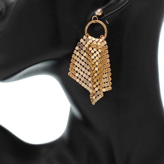 Gold Mesh Rhinestone Dangle Hoop Earrings