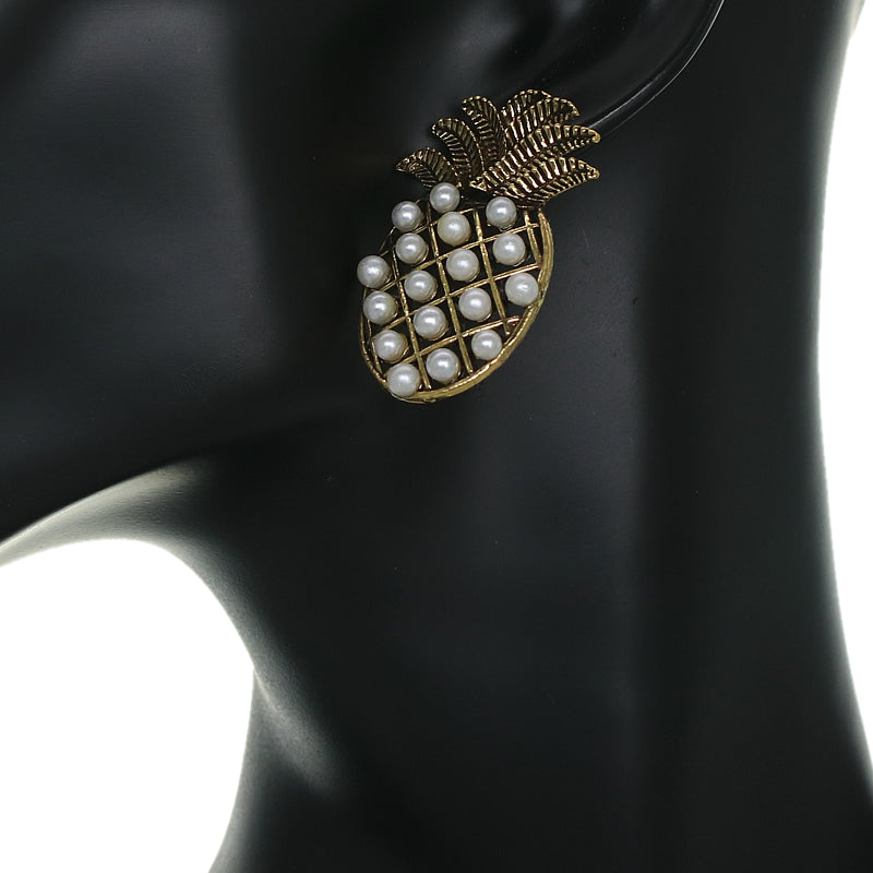 Gold Pineapple Faux Pearl Post Earrings
