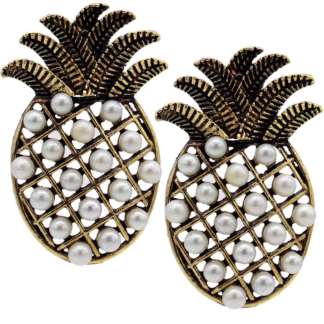 Gold Pineapple Faux Pearl Post Earrings
