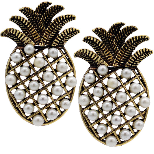 Gold Pineapple Faux Pearl Post Earrings