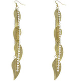 Gold Rhinestone Drop Chain Leaf Earrings