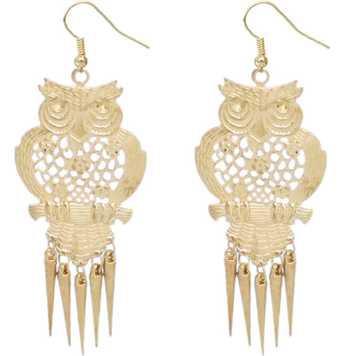 Gold Long Spike Hoot Owl Earrings