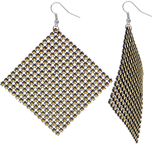 Gold Black Flat Rhinestone Mesh Earrings