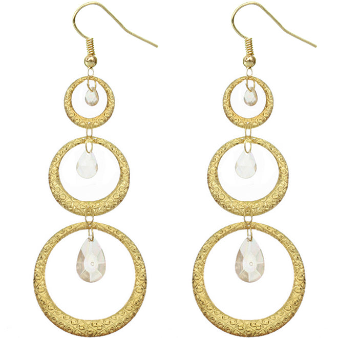 Gold Long Triple Hoop Gemstone Earrings