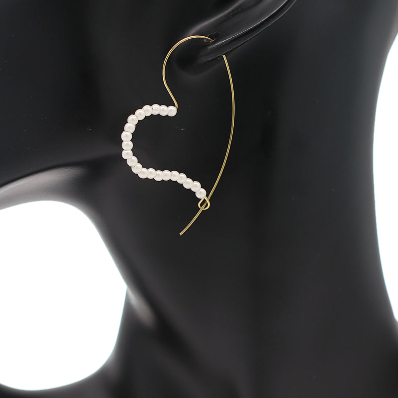 Gold White Faux Pearl Thin Heart Earrings