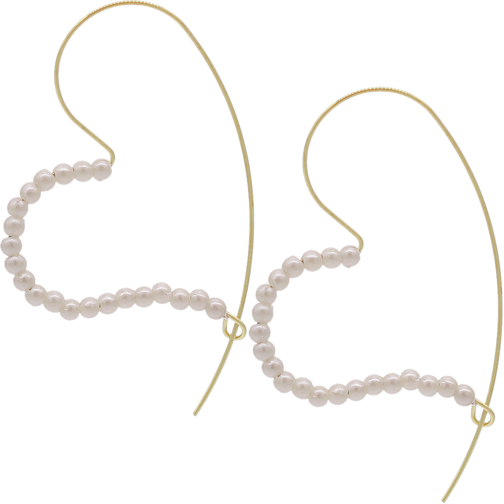 Gold White Faux Pearl Thin Heart Earrings