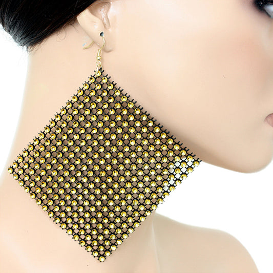 Gold Black Flat Rhinestone Mesh Earrings