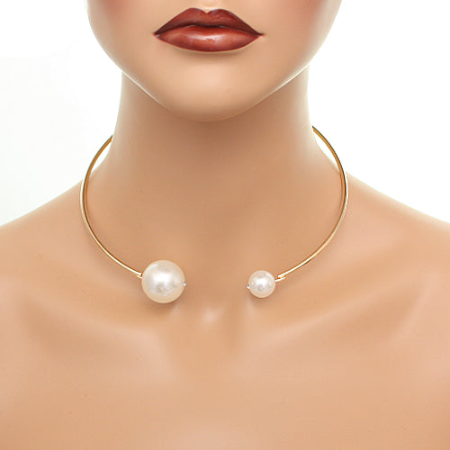 Gold Coil Faux Pearl Collar Choker Necklace