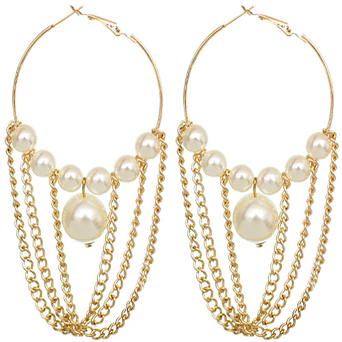 Gold Faux Peal Drop Chain Hoop Earrings