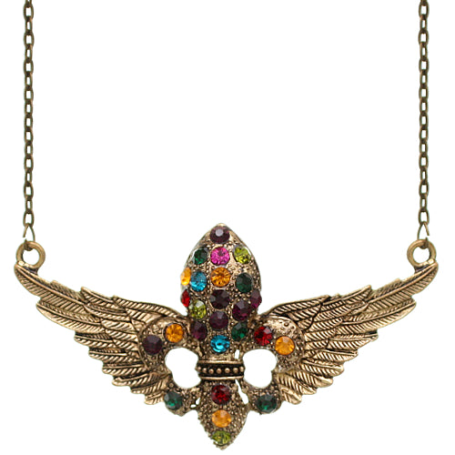 Purple Multicolor Fleur De Lis Rhinestone Charm Necklace