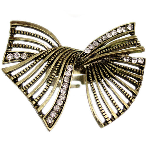 Gold Twist Rhinestone Bow Adjustable Ring