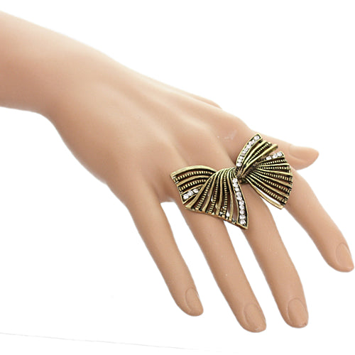 Gold Twist Rhinestone Bow Adjustable Ring