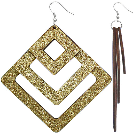 Gold Triple Wooden Glitter Earrings