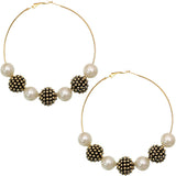Gold White Faux Pearl Bead Hoop Earrings